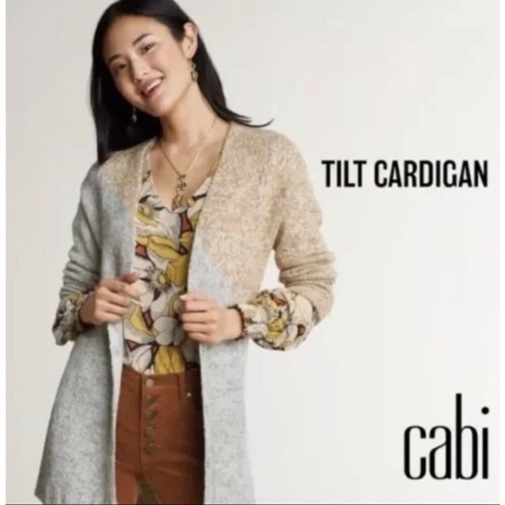 Cabi Women’s Snap Cardigan Sweater Tan/Gray Tilt Diagonal Color Block Medium  #3